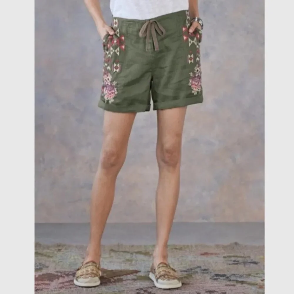 New! Driftwood Trevor Classic Fit Floral Embroidered Green Linen Shorts 28780